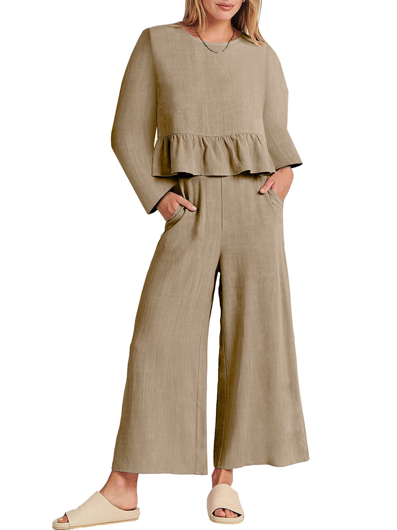 Women's ruffled hem long sleeve top and pants lounge set with pockets, stylish and comfortable 2-piece outfit by Trendsi.