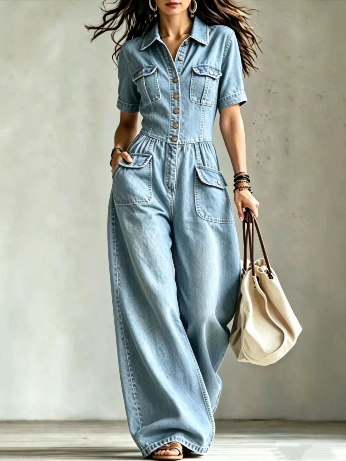 Plus size denim wide-leg jumpsuit with chest pockets, stylish and comfortable Trendsi jumpsuit designed for a relaxed fit.