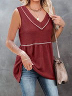 V-neck waffle knit tank top with contrast stitching, stylish and comfortable women's top by Trendsi, shown in soft fabric detail.