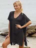 Openwork V-neck slit cover-up by Trendsi, lightweight and stylish with intricate openwork design, perfect for beach or poolside wear.