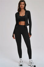 Fitglutes Activewear women's 3-piece set with Kinetic Zip Jacket, cross-back sports bra, and leggings for workout and gym activities.