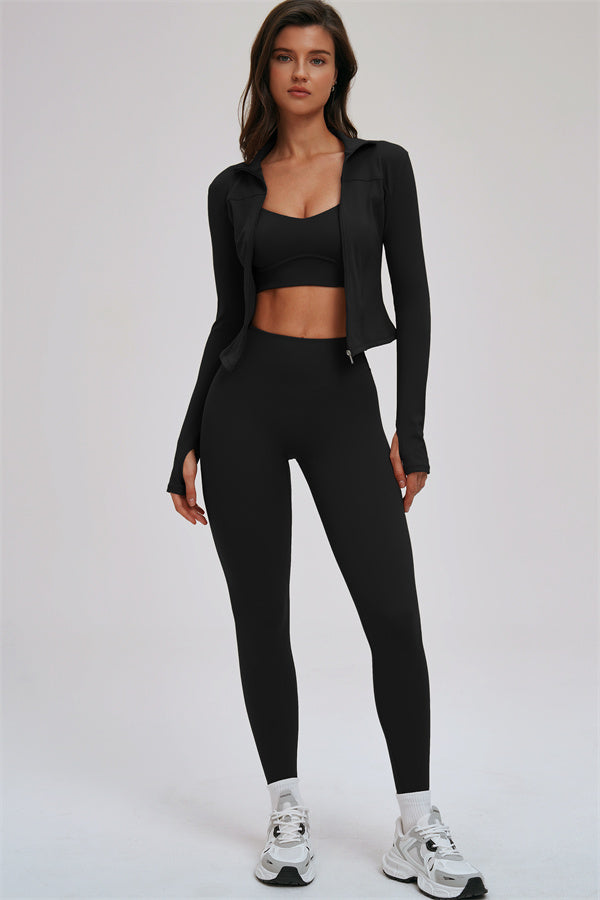 Fitglutes Activewear women's 3-piece set with Kinetic Zip Jacket, cross-back sports bra, and leggings for workout and gym activities.