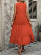 Ivy Lane women's sleeveless cotton button-down dress with notched neck, displayed on a mannequin in a natural setting.