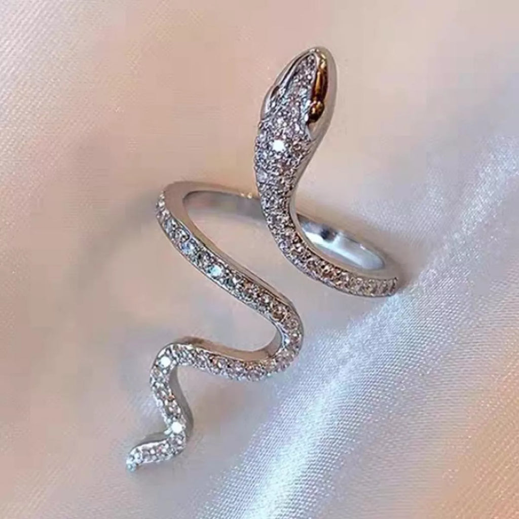 925 Sterling Silver Zircon Snake Bypass Ring featuring a sleek, curved design with sparkling zircon accents.