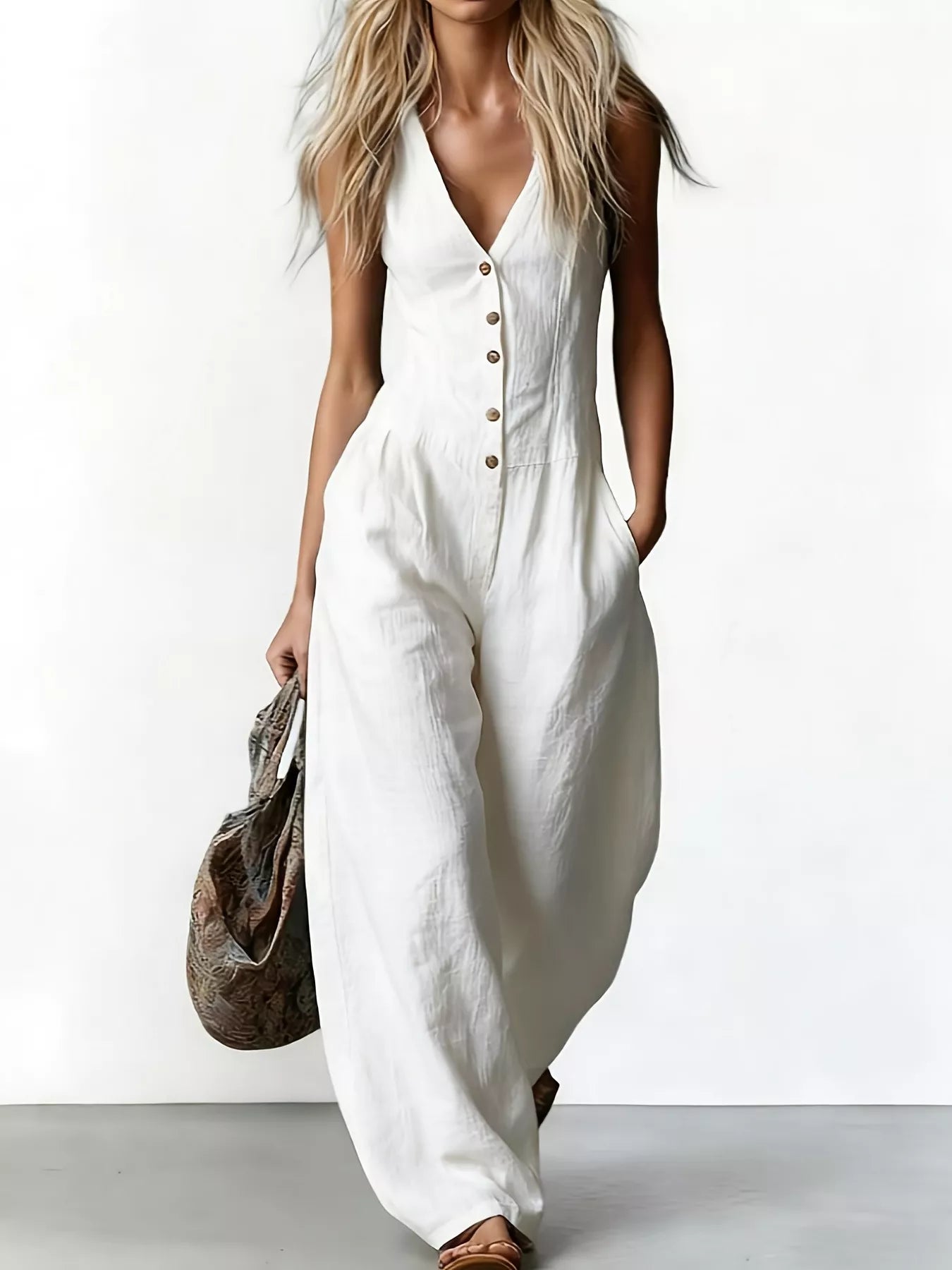 V-neck button-down wide-leg jumpsuit by Plush Fashion Hub, shown in a stylish, flowing design with long sleeves and relaxed fit.