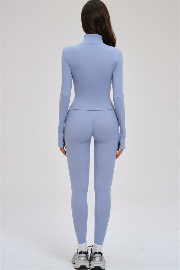 Fitglutes Activewear 3-piece set featuring a Kinetic Zip Jacket, Cross Back Sports Bra, and matching leggings for workout wear.
