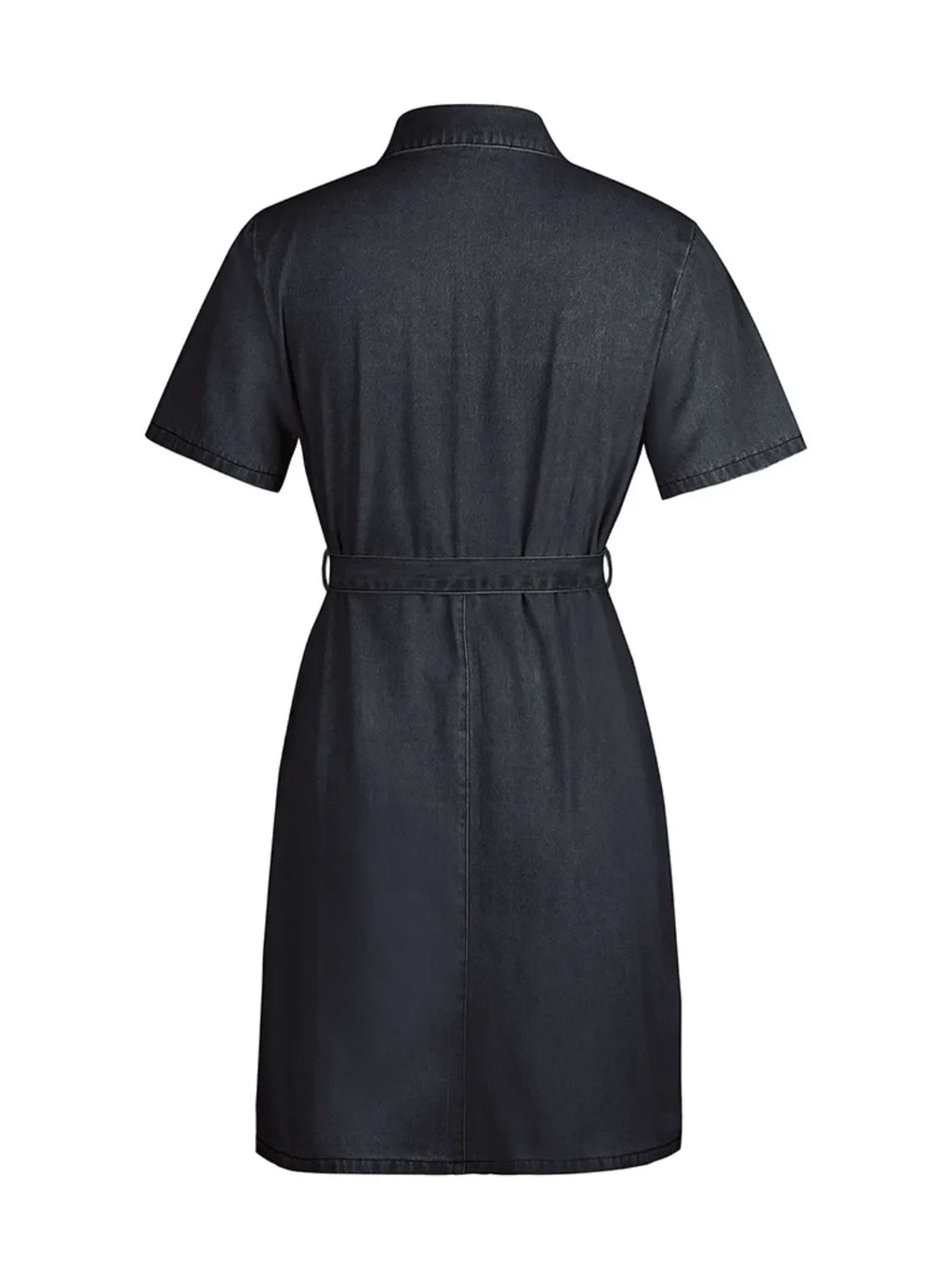 Plus size VYSN denim dress with short sleeves and full front zipper, showcasing a casual, stylish zip front denim dress.