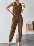 Women’s beige sleeveless pleated jumpsuit by FitiqueFit, casualwear with a relaxed fit and stylish design.