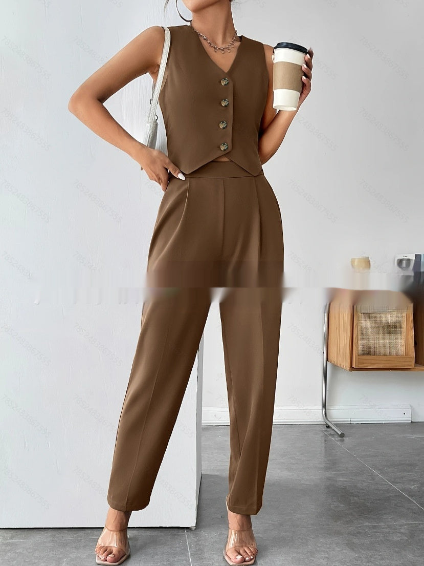 Women’s beige sleeveless pleated jumpsuit by FitiqueFit, casualwear with a relaxed fit and stylish design.