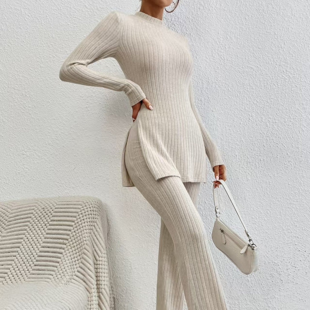 Women’s ribbed V-neck top and pants set by FitiqueFit, featuring a comfortable casualwear look with matching ribbed fabric.