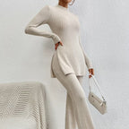 Women’s ribbed V-neck top and pants set by FitiqueFit, featuring a comfortable casualwear look with matching ribbed fabric.