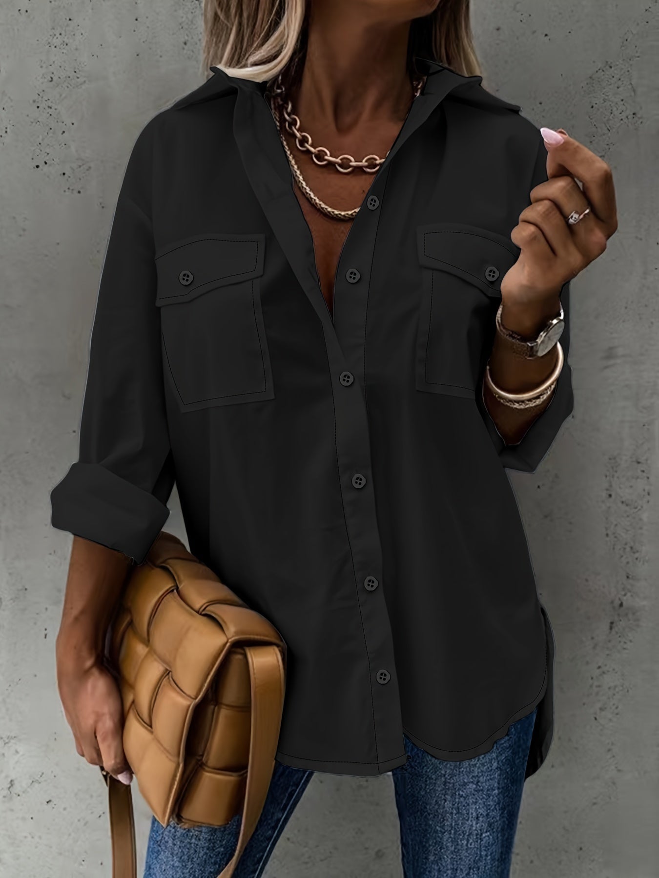 Women’s casual long sleeve shirt with pocket by FitiqueFit, featuring a relaxed fit and comfortable design.