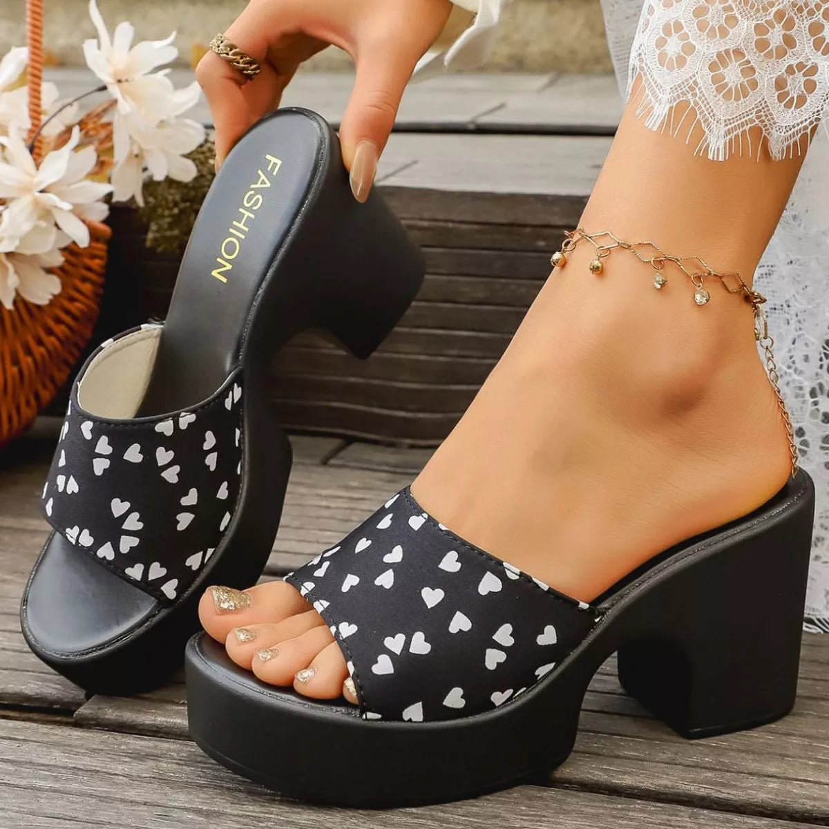 Heart print block heel sandals by Shopimist featuring open toes, adjustable ankle straps, and a stylish heart pattern.