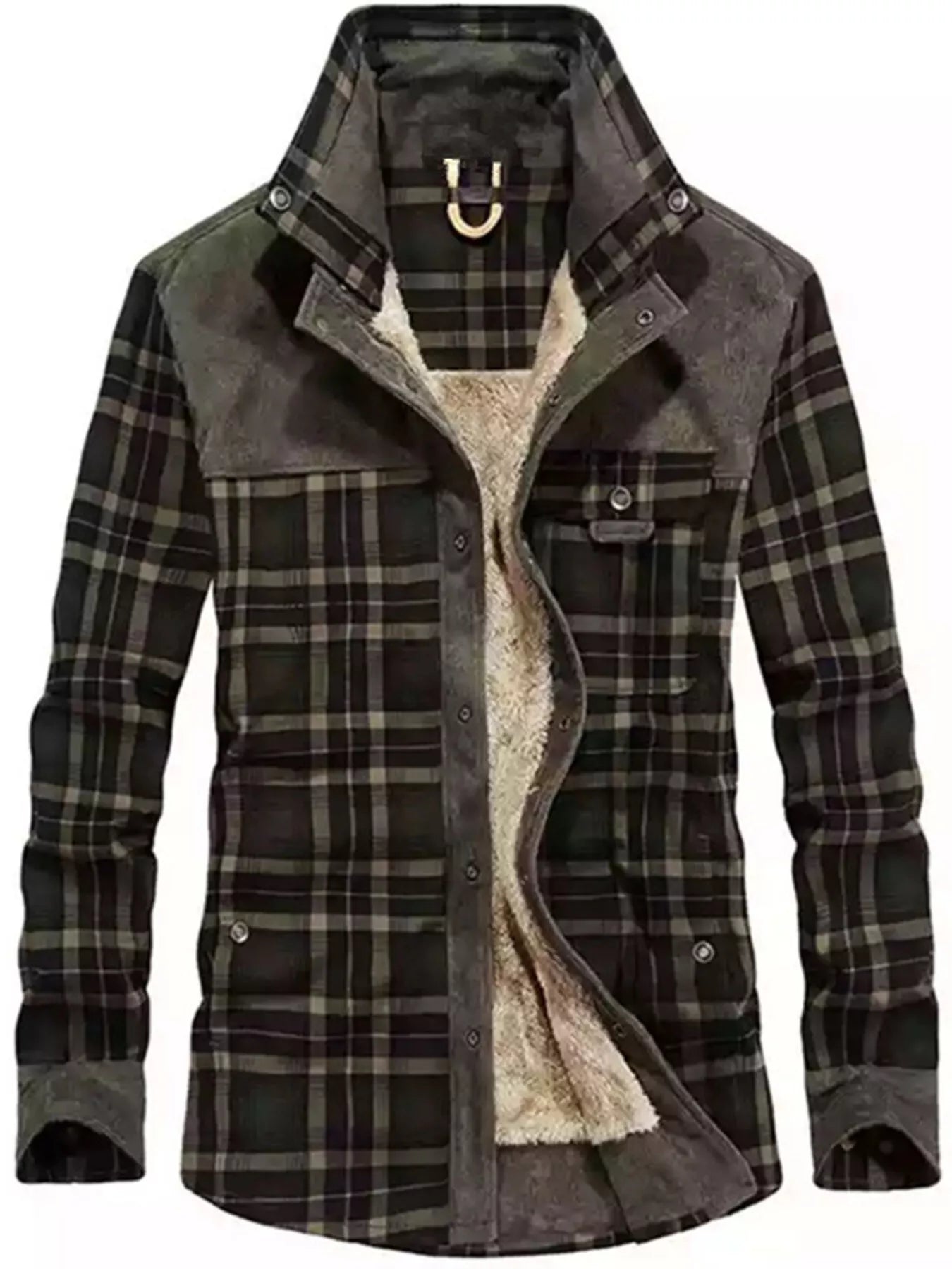 Men's plus size plaid fleece-lined snap-down jacket by Shopimist, featuring a warm, stylish fleece interior and classic plaid design.