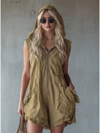 Full size hooded sleeveless zipper romper with ruffled pockets, stylish plus size jumpsuit by Shopimist shown in the image.