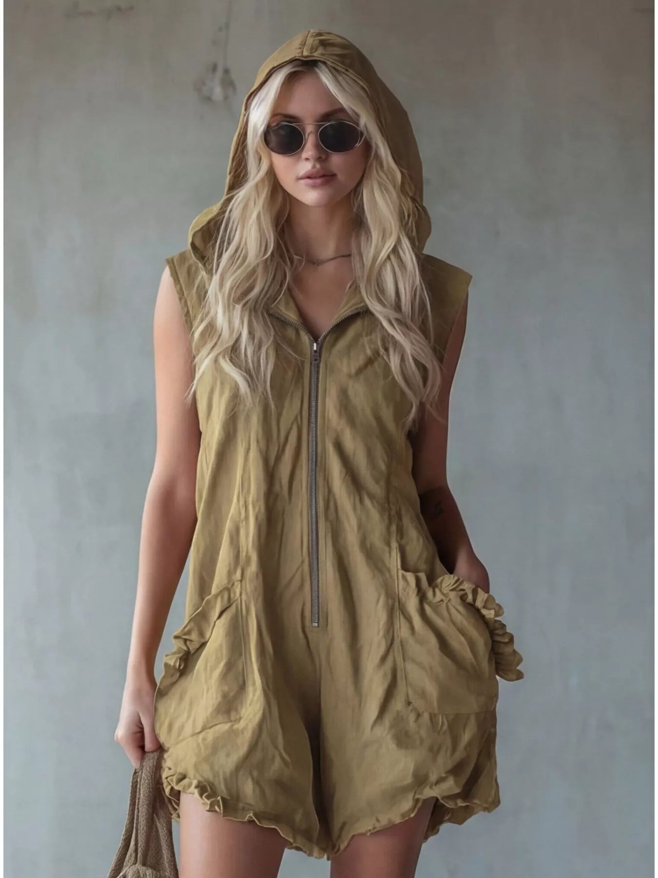 Full size hooded sleeveless zipper romper with ruffled pockets, stylish plus size jumpsuit by Shopimist shown in the image.