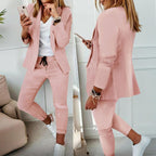 Women's casualwear blazer and drawstring pants suit set by FitiqueFit, featuring notch lapel blazer and comfortable matching pants.