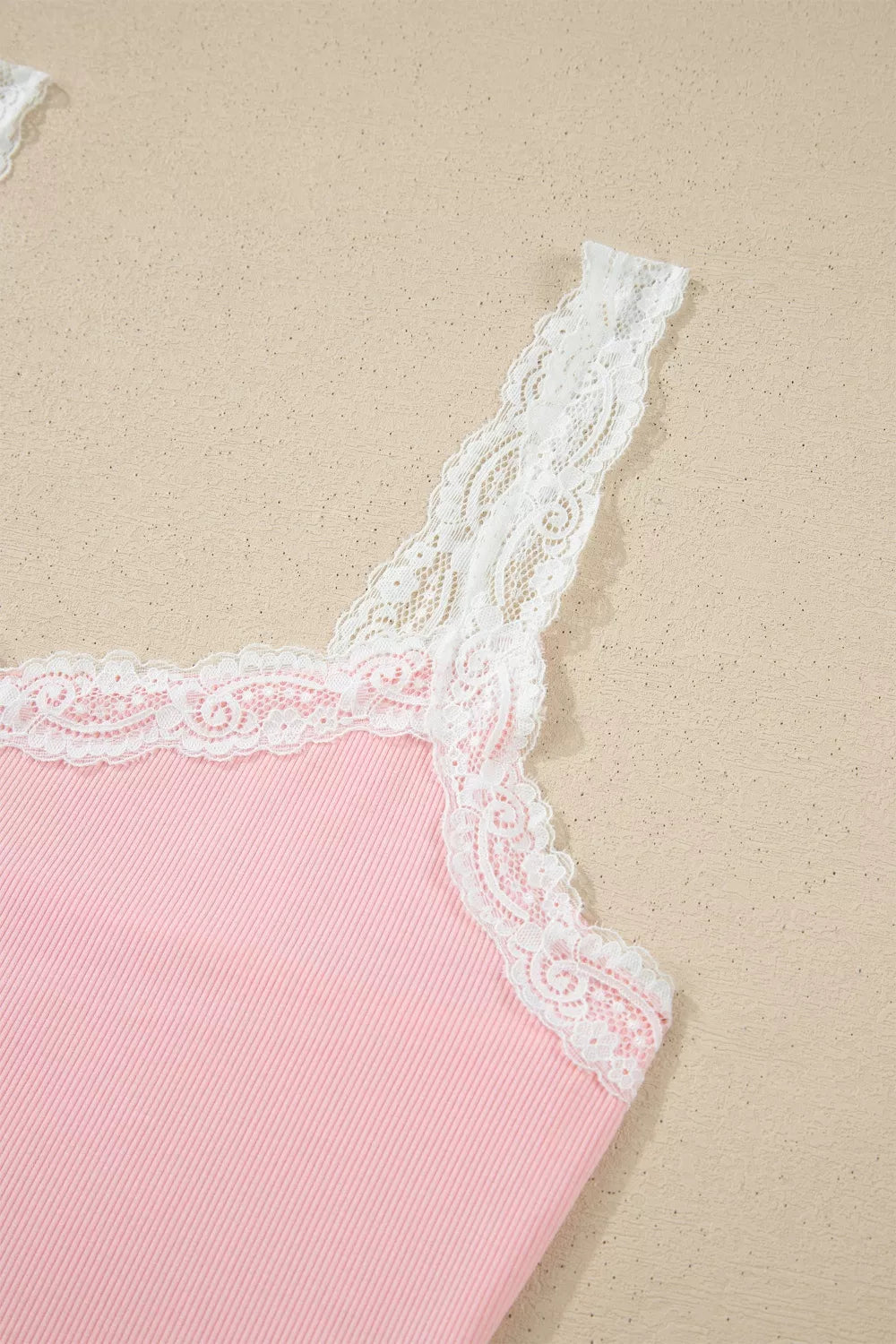 Ribbed knit lace straps patchwork lettuce hem cropped top and floral lounge shorts set by Plush Fashion Hub, with textured fabric details.