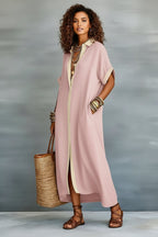Color-block maxi dress by Plush Fashion Hub featuring a loose fit, long length, button-front closure, and contrasting collar.