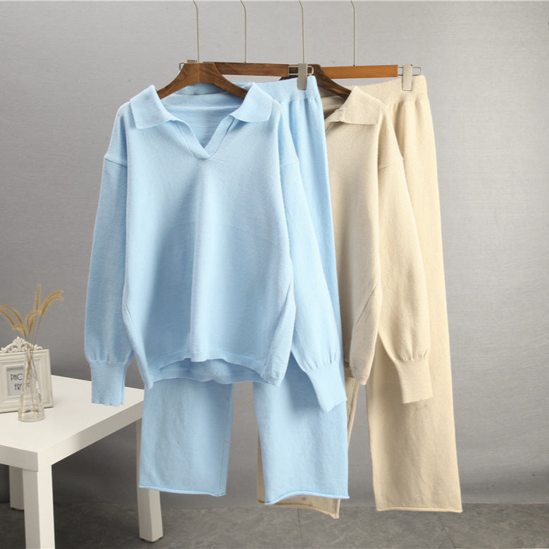 Solid color lapel sweater set for women by FitiqueFit, featuring a casual sweater and matching pants in a relaxed fit.