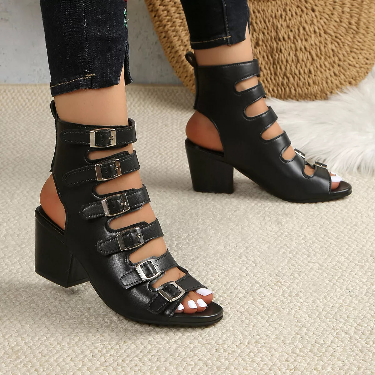 Shopimist Buckle Block Heels Sandals featuring a stylish buckle detail and chunky heel, perfect for casual or dressy occasions.