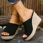 Women's mesh open toe wedge sandals by Trendsi featuring stylish high heel design and comfortable fit.