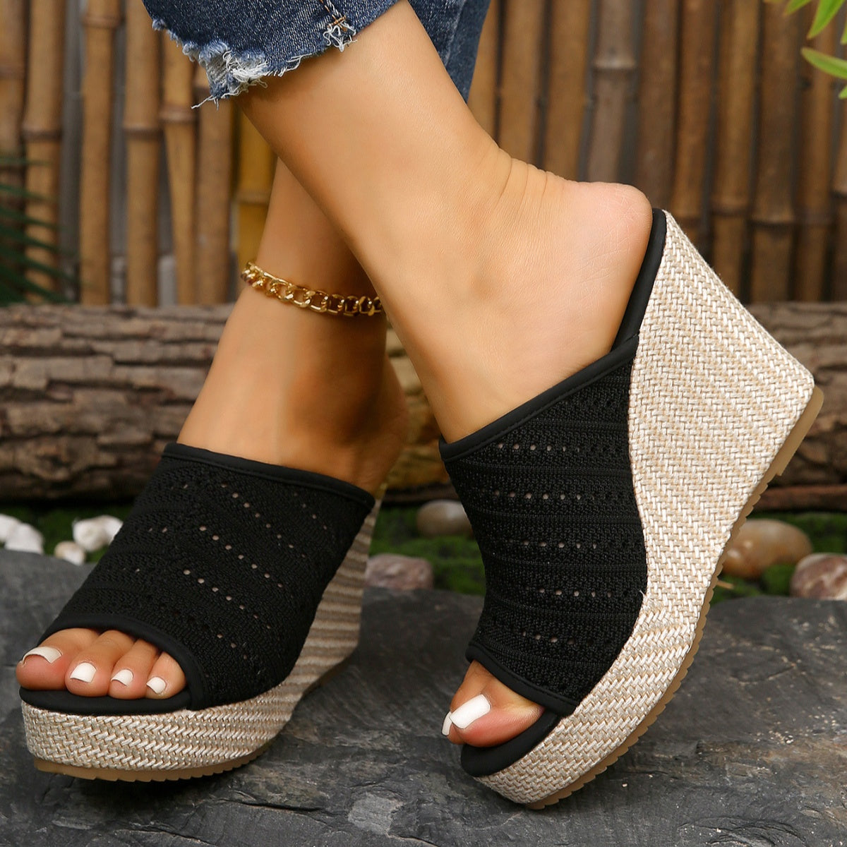 Women's mesh open toe wedge sandals by Trendsi featuring stylish high heel design and comfortable fit.