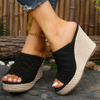Open toe wedge sandals by Shopimist featuring tan leather straps and a cork wedge heel, displayed on a neutral background.