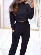 Simply Love casual chic cropped sweatshirt and jogger set, featuring a comfortable, stylish loungewear ensemble in neutral tones.