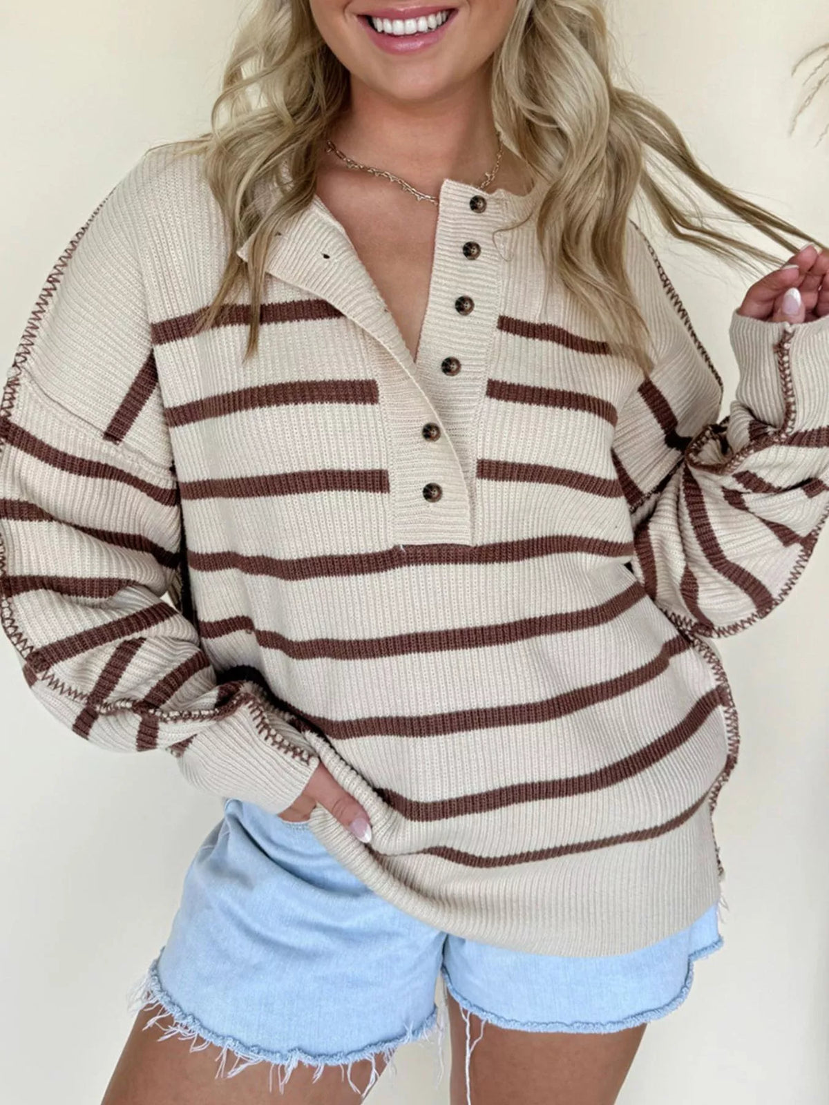 Simply Love stripe ribbed Henley drop shoulder slouchy sweater with a relaxed fit and cozy knit texture.