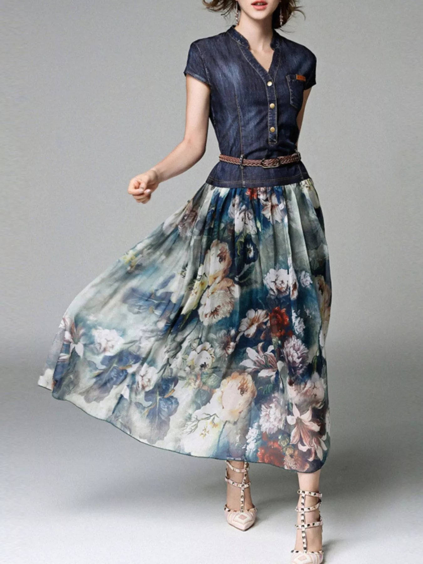 Plus size full chiffon patchwork floral print dress by Plush Fashion Hub, featuring a flowing silhouette and vibrant floral design.