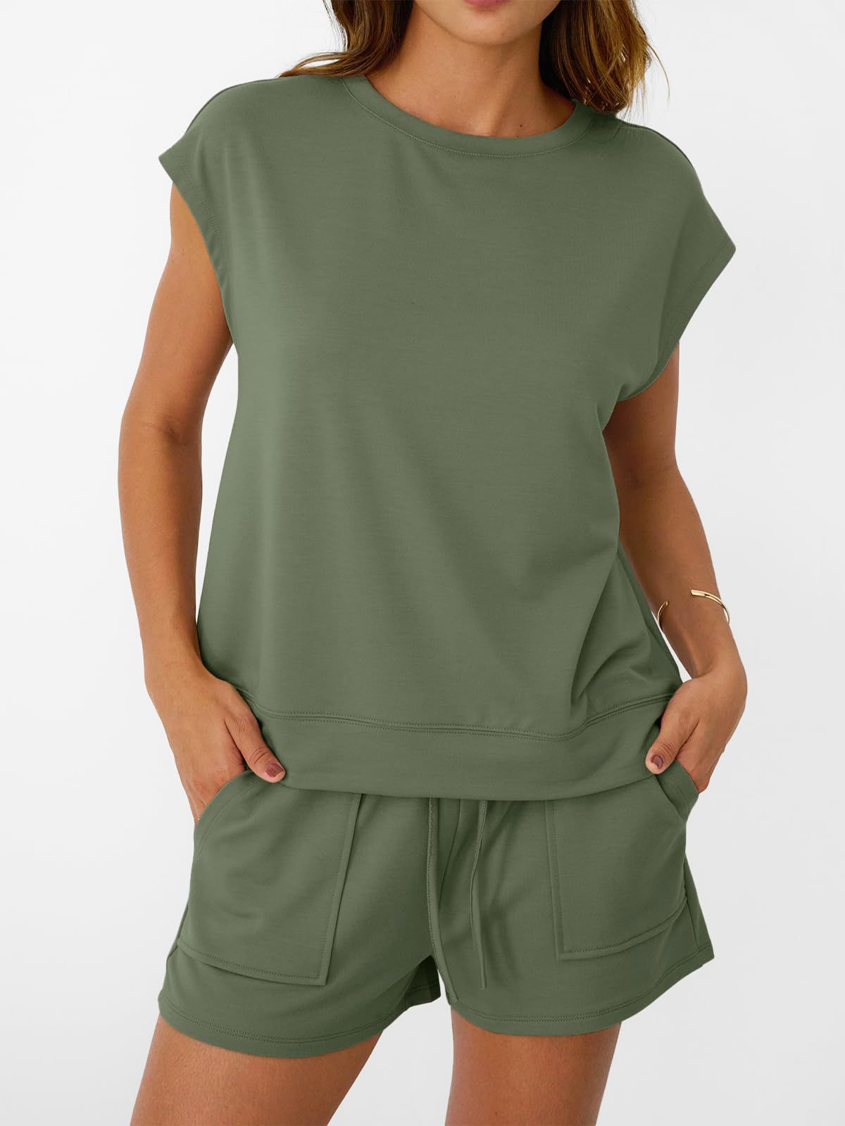 Women's soft round neck cap sleeve lounge set with drawstring shorts by Plush Fashion Hub, shown in a comfortable 2-piece style.