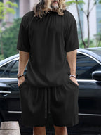 Men's plus size round neck short sleeve top and shorts set by Shopimist, comfortable casual wear in a coordinated style.
