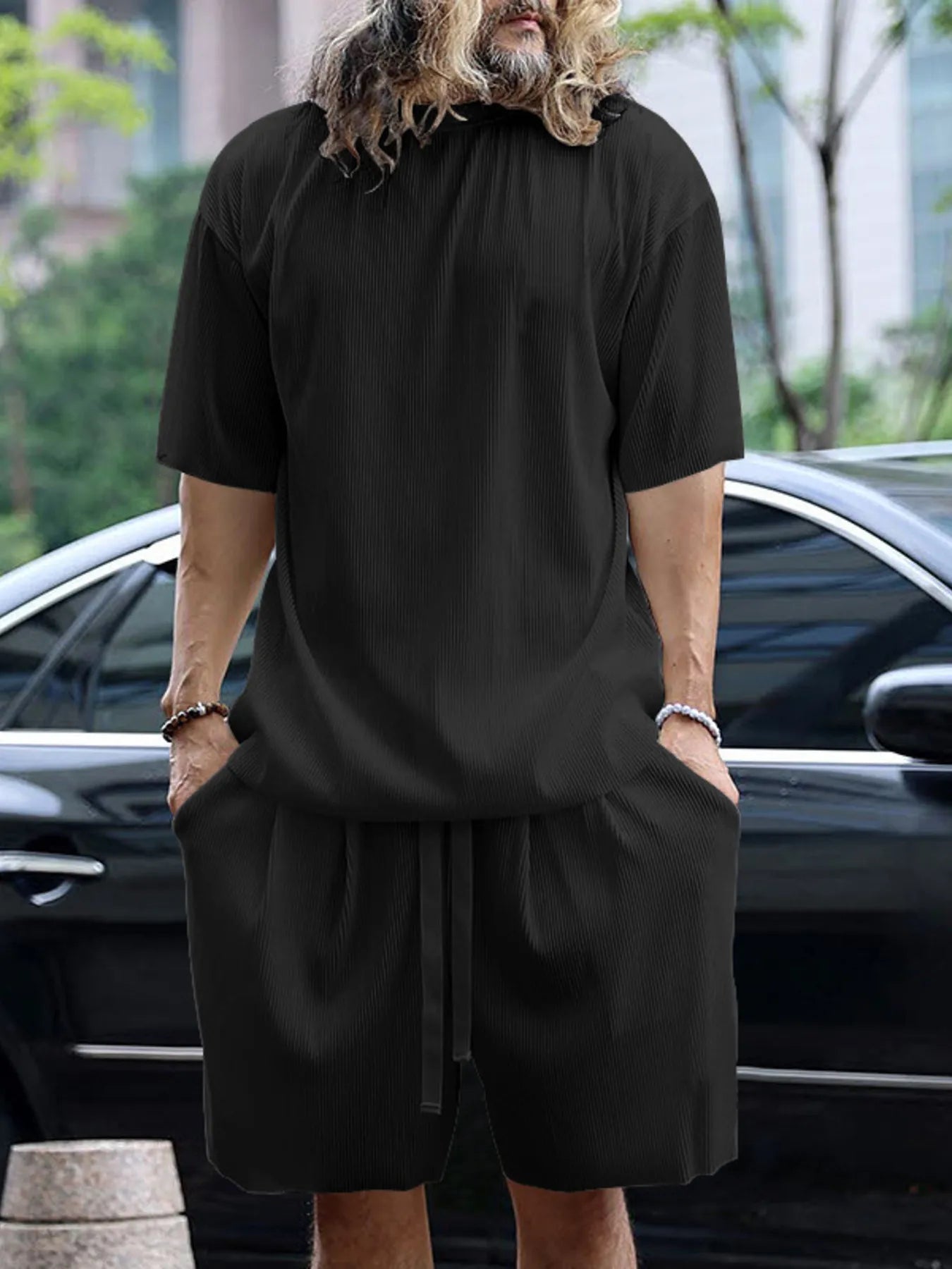 Men's plus size round neck short sleeve top and shorts set by Shopimist, comfortable casual wear in a coordinated style.