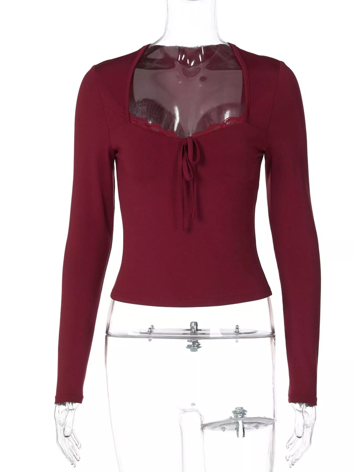 Long sleeve T-shirt with lace trim from Plush Fashion Hub, featuring a casual top design with delicate lace accents.