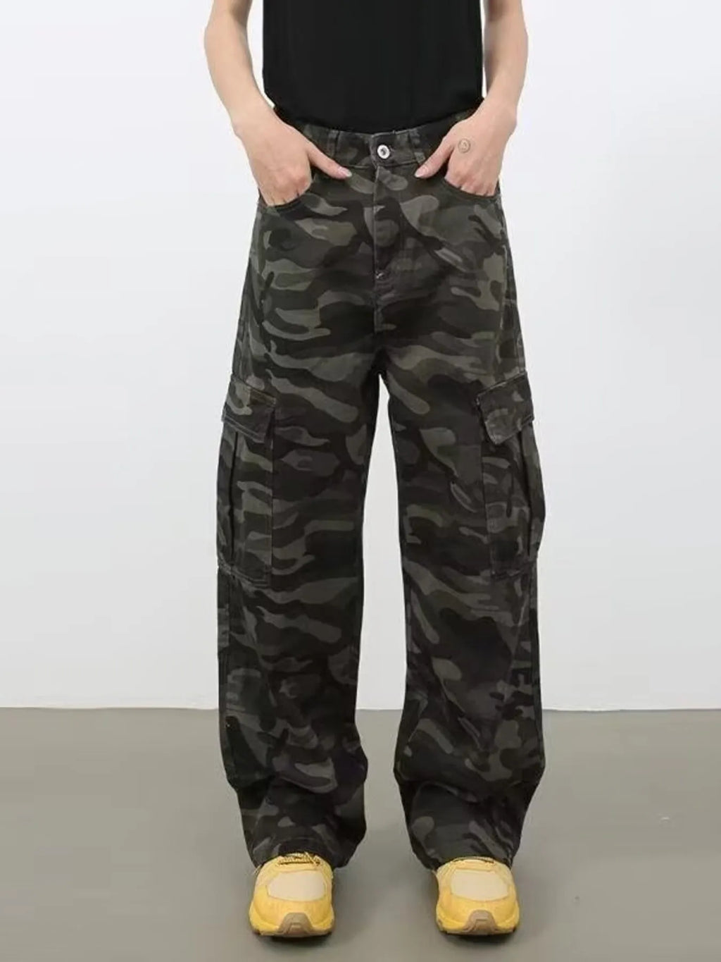 Men's full-size camo print wide leg cargo jeans from Trendsi, showing the camouflage design and relaxed fit.
