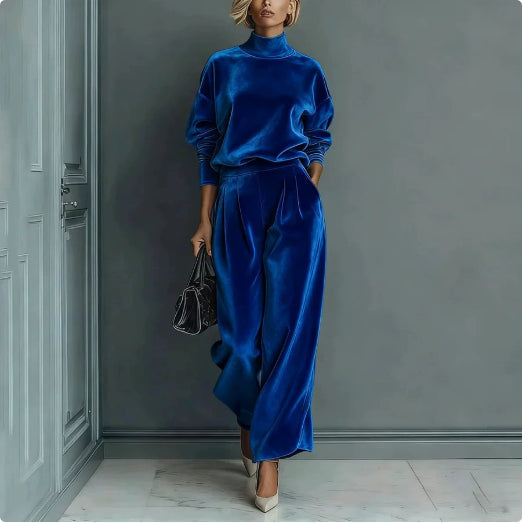 Plush Fashion Hub casual warm velour long-sleeved high-neck zipper sportswear with wide-leg fit in solid color, laid flat.