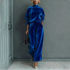 Plush Fashion Hub casual warm velour long-sleeved high-neck zipper sportswear with wide-leg fit in solid color, laid flat.