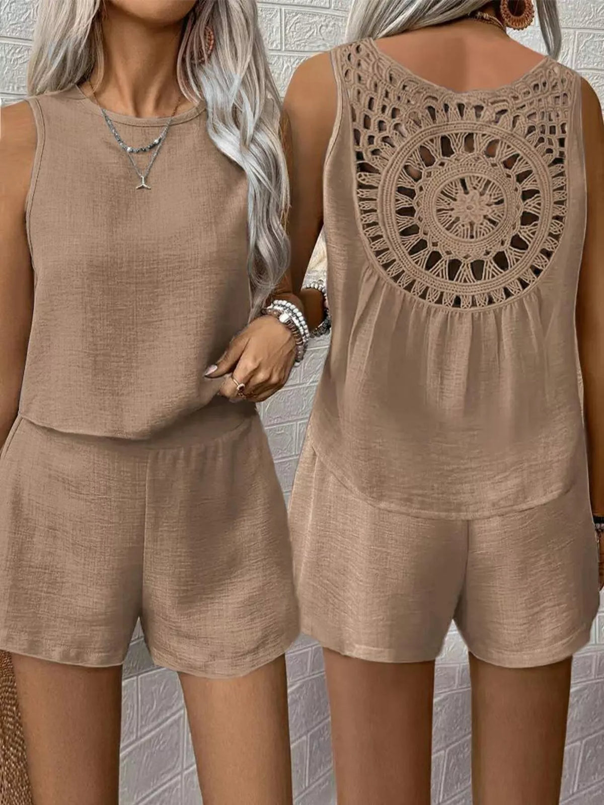 Plush Fashion Hub round neck tank top and matching shorts set in soft fabric, casual summer outfit for women.