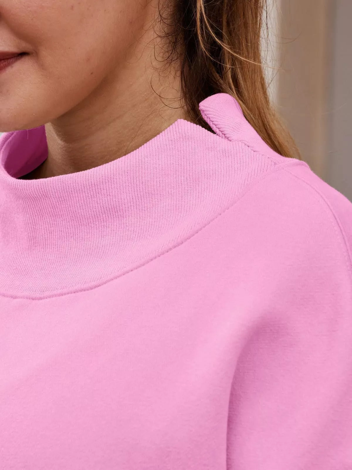 Women's oversized Trendsi mock neck dropped shoulder sweatshirt, casual pullover top with relaxed fit and cozy style.