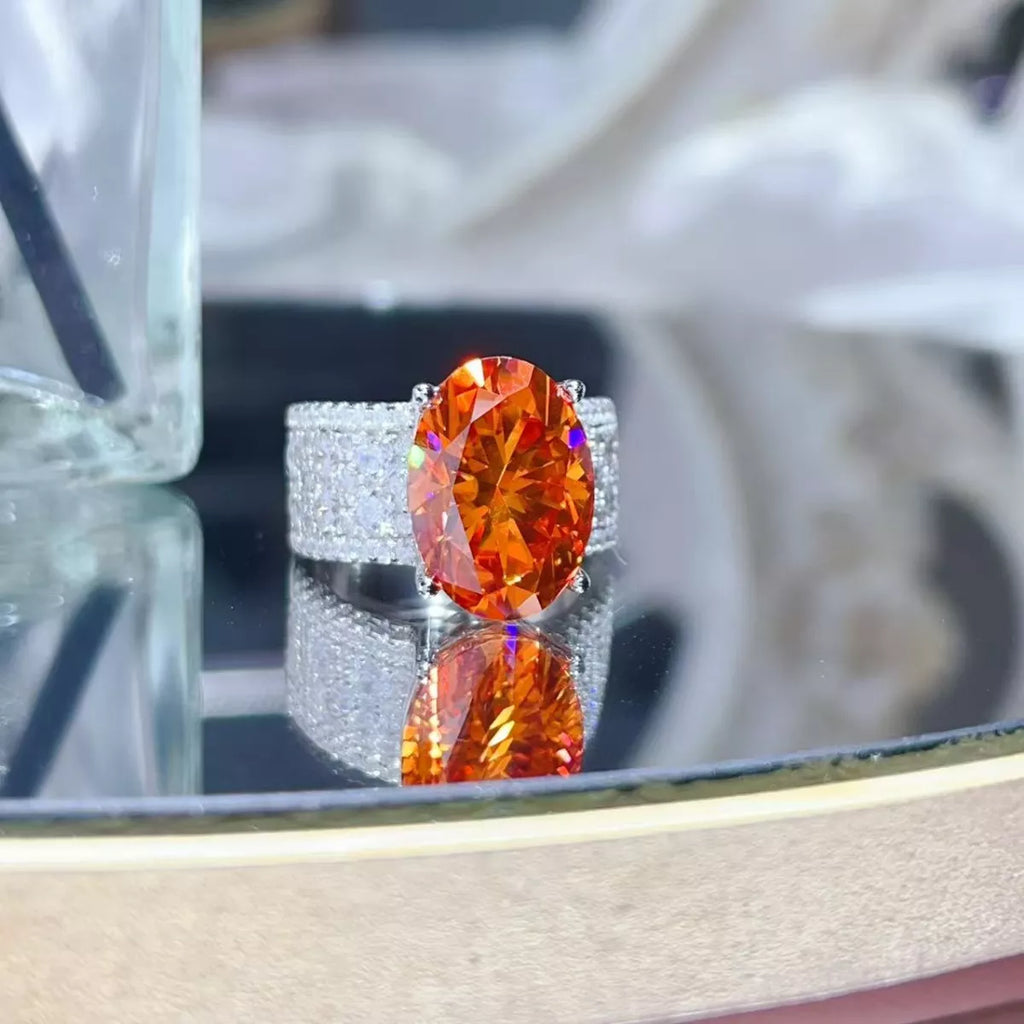 Sterling silver ring with an 8-carat moissanite gemstone, showcasing a sparkling, elegant design.