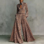 Leopard print wide-leg pants set for women, casual two-piece outfit from FitiqueFit featuring relaxed fit and stylish design.
