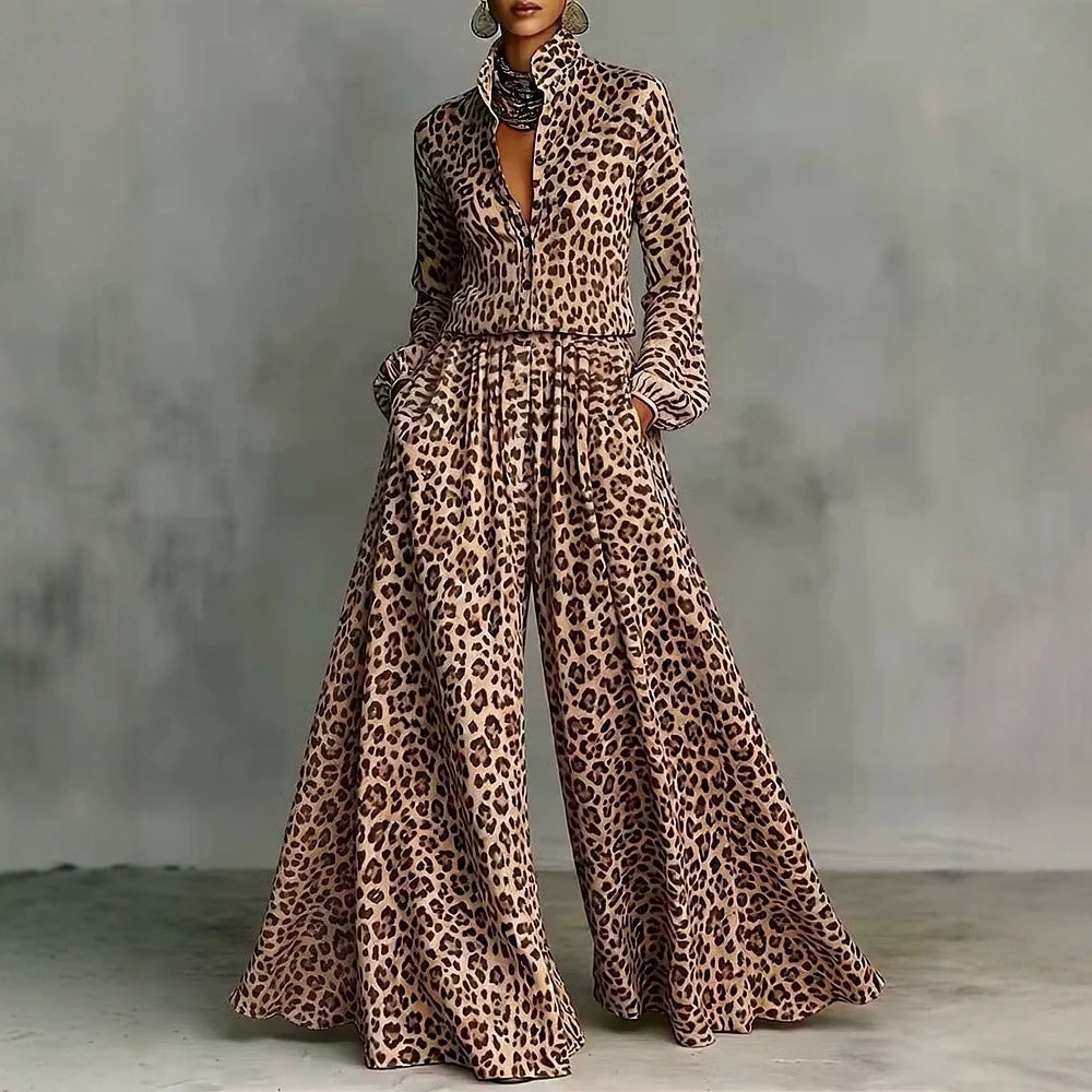 Leopard print wide-leg pants set for women, casual two-piece outfit from FitiqueFit featuring relaxed fit and stylish design.