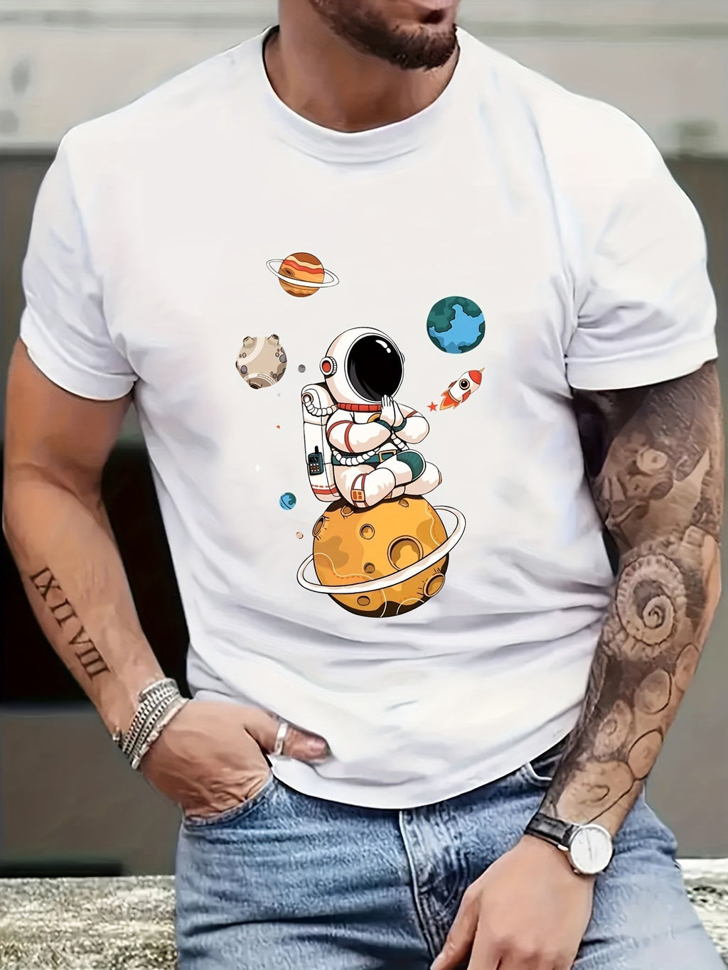 Men’s astronaut graphic streetwear shirt by Plush Fashion Hub featuring a bold space-themed astronaut print.