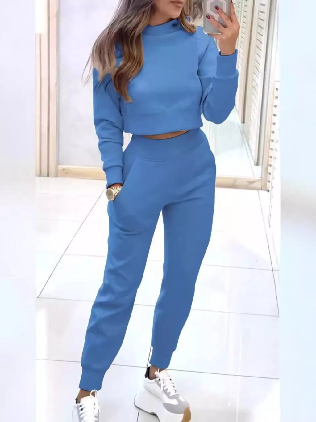 Simply Love casual chic cropped sweatshirt and jogger set, featuring a stylish, comfortable matching loungewear ensemble.