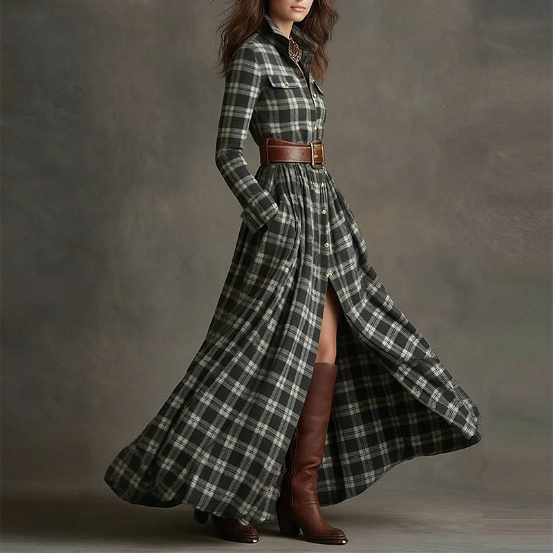 Women's printed lapel slim-fit dress by Plush Fashion Hub, stylish casualwear with a tailored fit and elegant design.