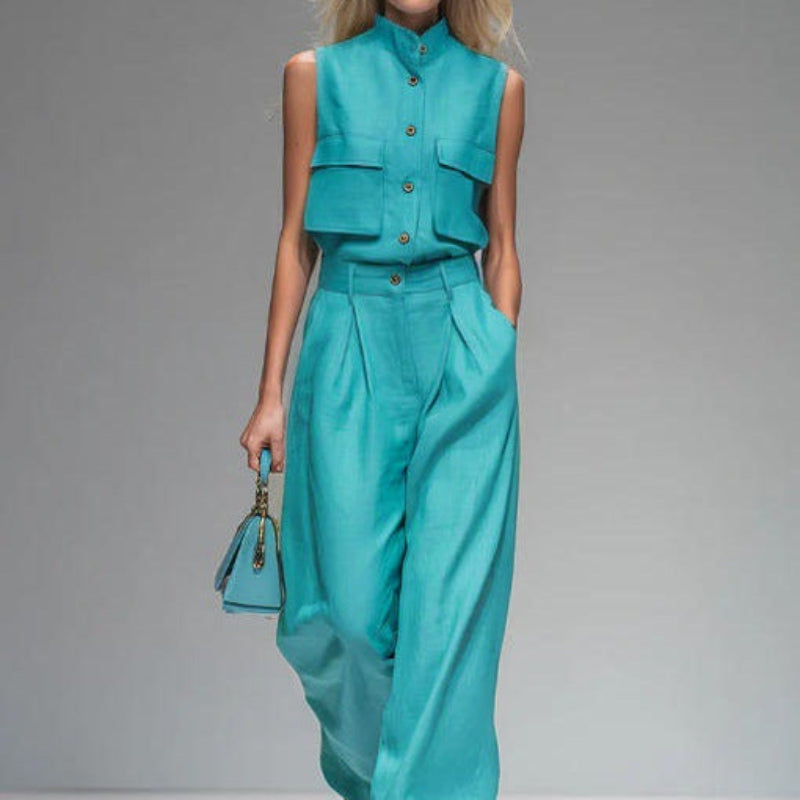Women’s sleeveless vest and wide-leg pants casualwear set by FitiqueFit, featuring a stylish sleeveless vest and flowing wide-leg pants.