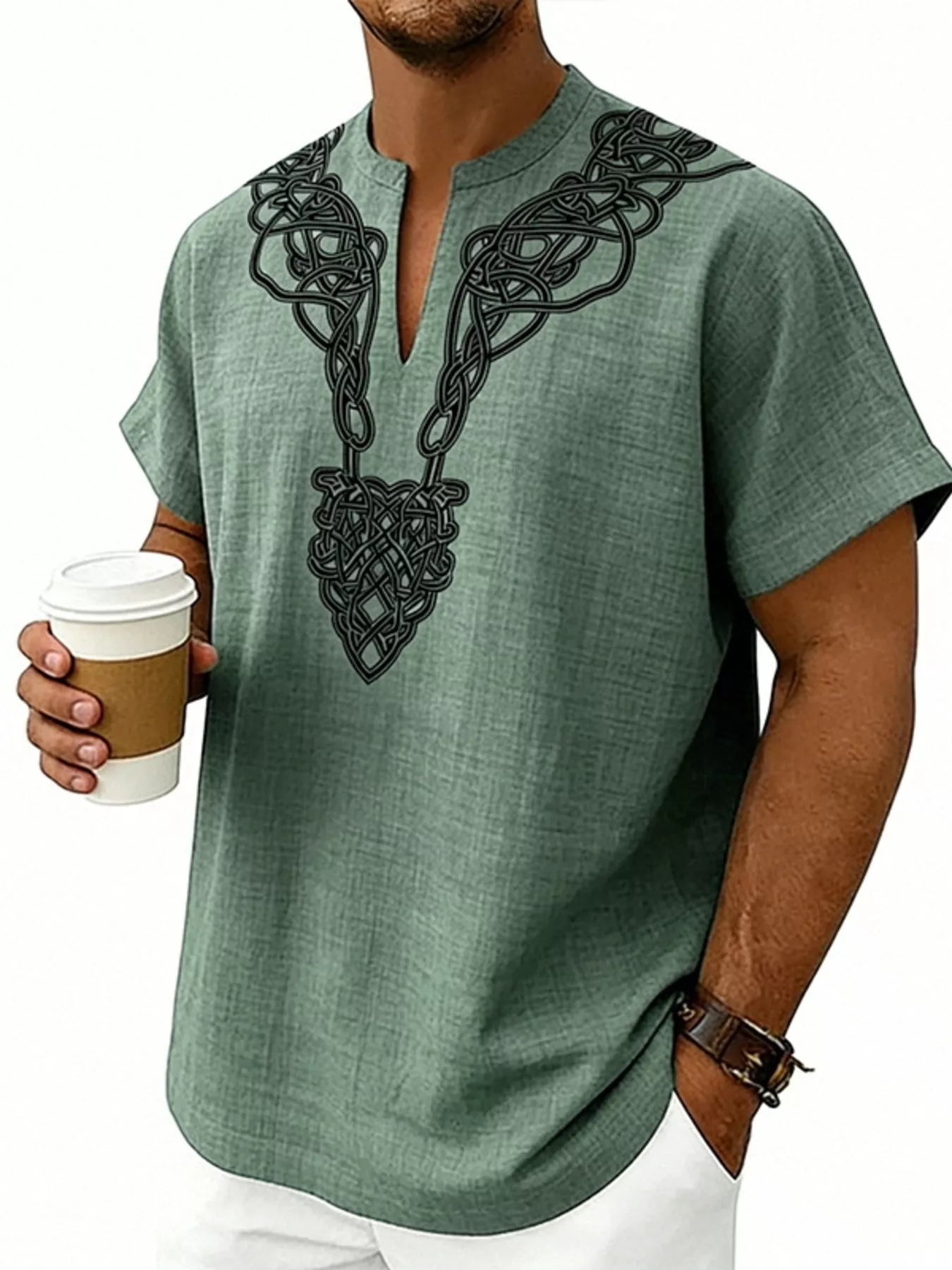 Men's plus size printed short sleeve blouse with notched collar from Trendsi, featuring a stylish and comfortable design.