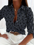Women’s stripe print long-sleeve blouse from Plush Fashion Hub, casualwear, featuring a stylish stripe pattern and classic fit.