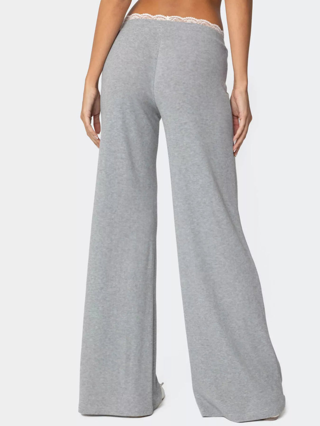 Women's wide leg lounge pants by Trendsi with lace trim, tie waist, and comfortable relaxed fit, perfect for casual wear.